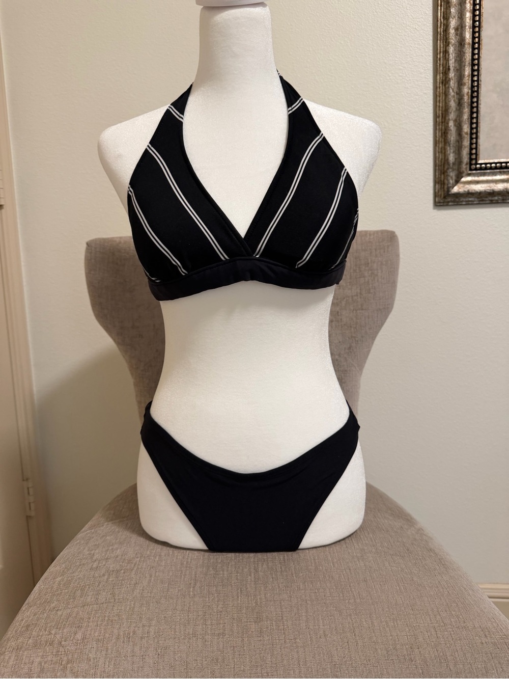 Black Halter Bikini Set with White Stripe Accent